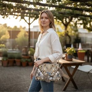 ANTHROPOLOGIE IBBAN HAND MADE 3D POM POM & COIN EMBROIDERED FLORAL CROSSBODY BAG